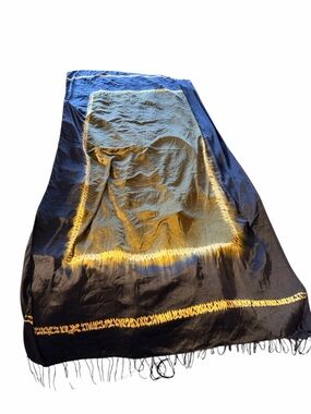 Vintage Black Shawl with Gold Tie-Dye Panel Silky  72x38"